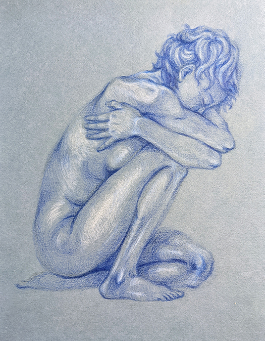 Figure study in blue, traditional colored pencil